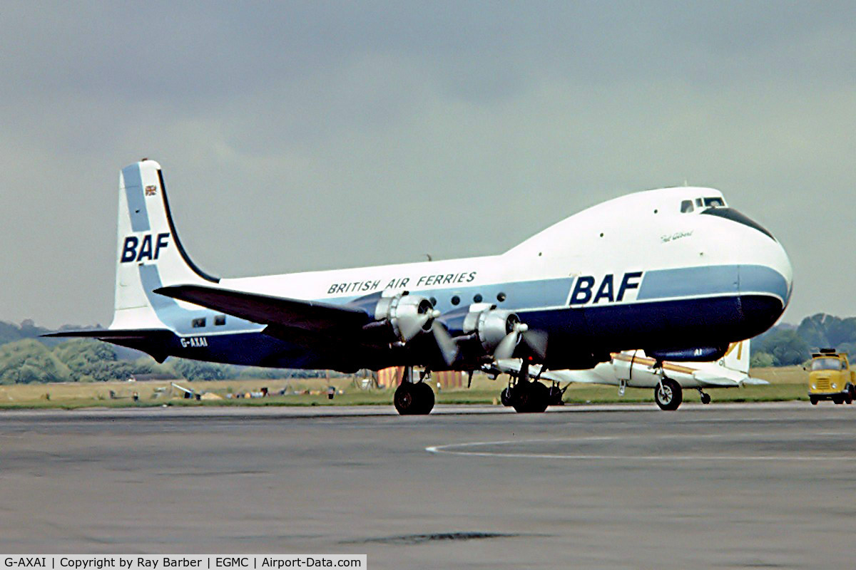 G-AXAI, 1969 Aviation Traders ATL-98 Carvair (C-54B Conversion) C/N 17, Aviation Traders ATL.98 Carvair [17] (British Air Ferries) Southend~G 03/07/1974. From a slide.