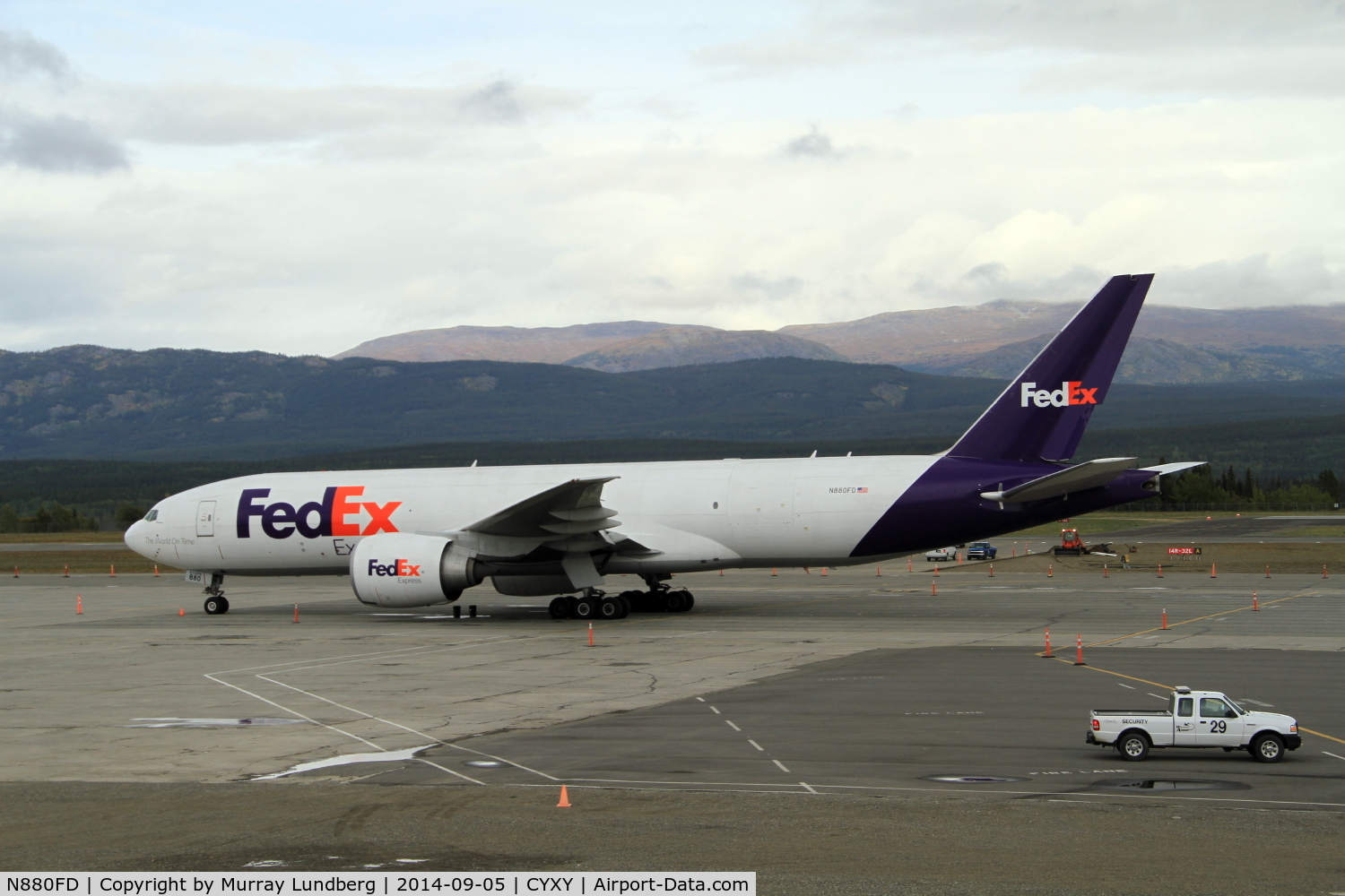 N880FD, 2008 Boeing 777-F28 C/N 32967, CYXY, Whitehorse, Yukon, was closed for an hour at 08:00 on 2014-09-04 when N880FD made an emergency landing and was kept on the main runway while being assessed. Shown here on the ramp later.