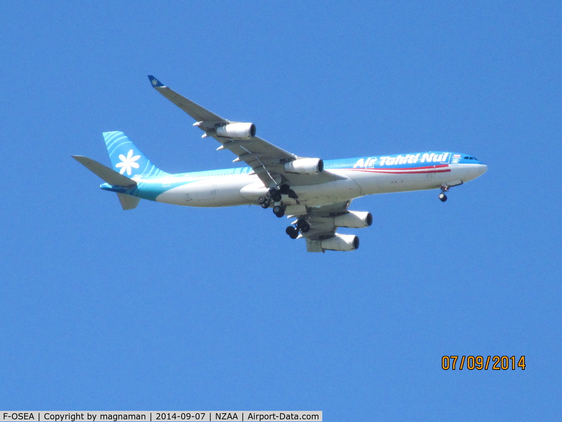 F-OSEA, 2001 Airbus A340-313 C/N 438, landing at AKL today - overhead flat bush