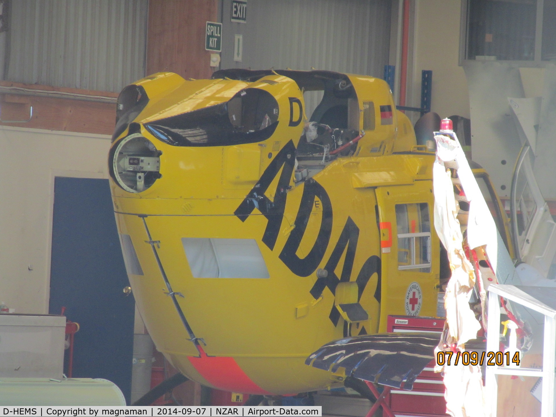 D-HEMS, Eurocopter-Kawasaki BK-117B-2 C/N 7203, At Ardmore in airwork hangar awaiting new owner or use as spares.