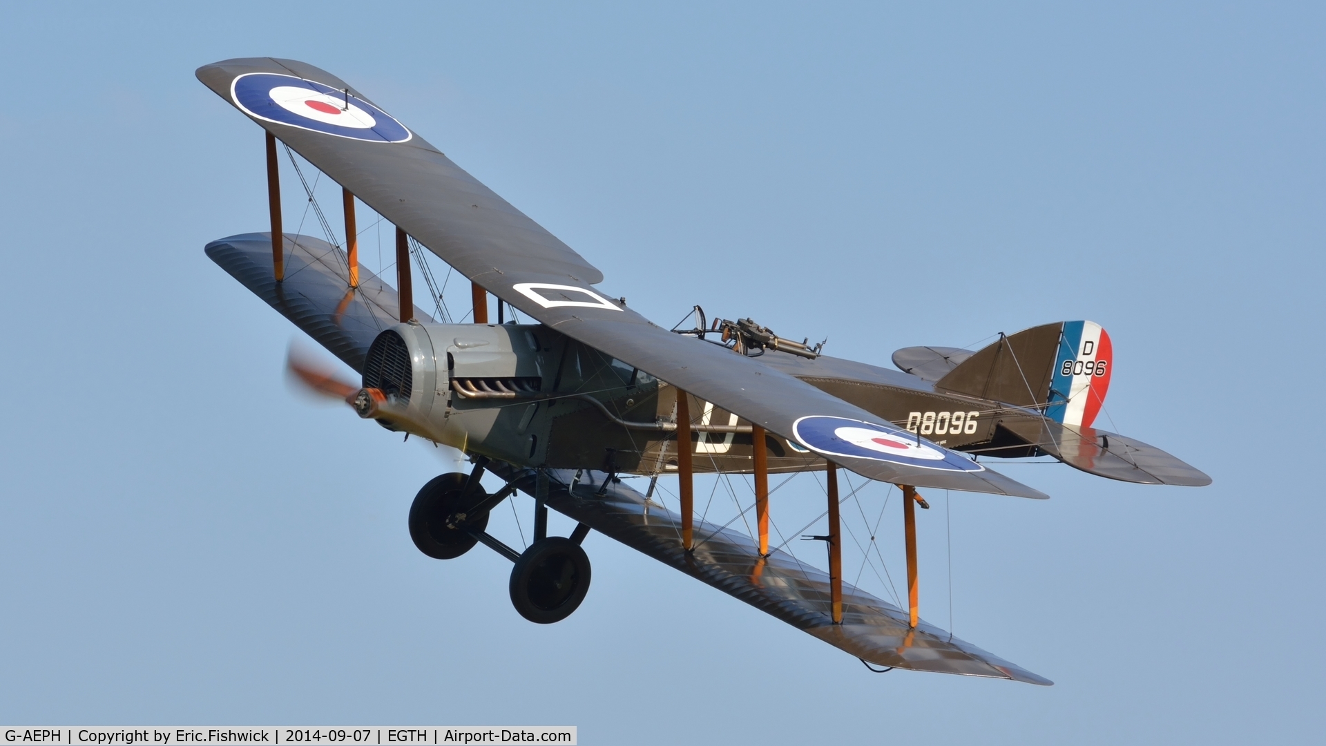 G-AEPH, 1918 Bristol F.2B Fighter C/N 7575, 43. D8096 in display mode at the glorious Shuttleworth Pagent Airshow, Sep. 2014.