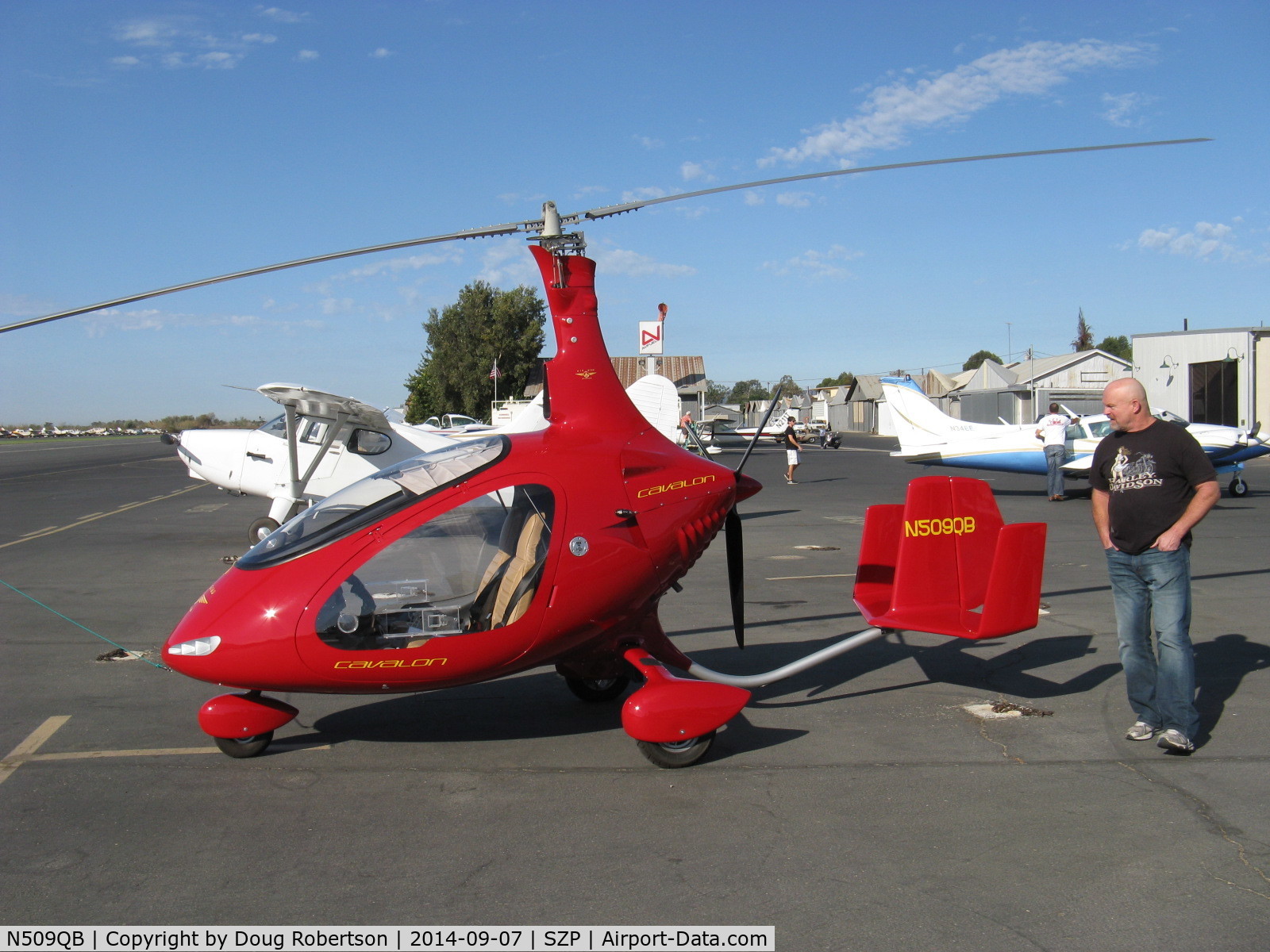 N509QB, 2014 AutoGyro Cavalon C/N V00138, 2014 Burton Autogyro Gmbh CAVALON, Rotax 914UL Turbocharged 93.3 Hp, 3-blade pusher FP prop, two blade rotor of extruded aluminum via gear-reduction drive. Quite a rare attraction with the SZP Air Museum crowd.