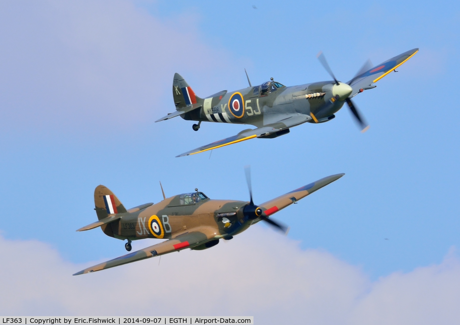 LF363, 1944 Hawker Hurricane IIC C/N 41H/469290, 45. The superb BBMF pair in display mode at the glorious Shuttleworth Pagent Airshow, Sep. 2014.