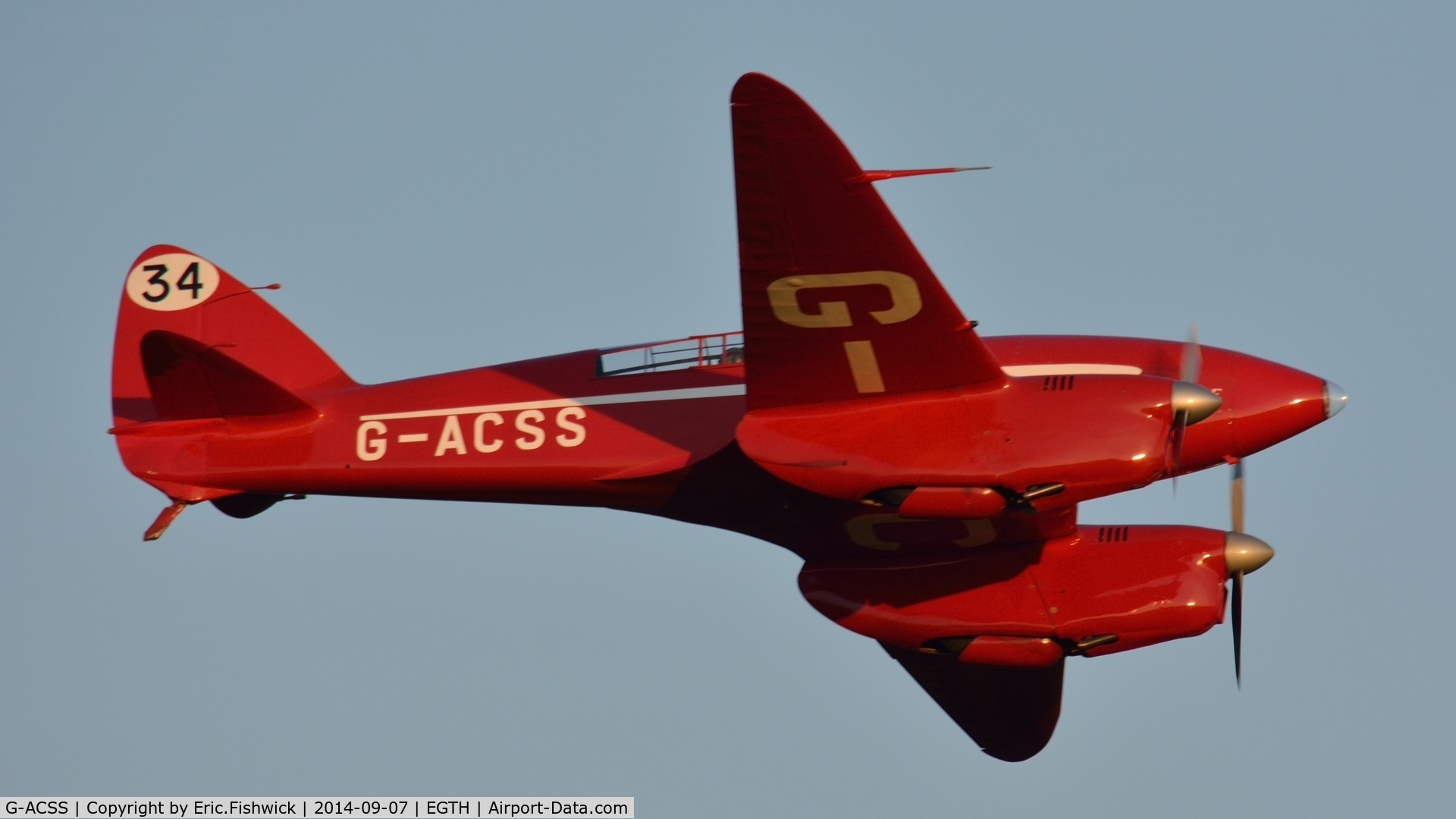 G-ACSS, 1934 De Havilland DH-88 Comet C/N 1996, 44. G-ACSS: = glorious Shuttleworth Pagent Airshow, Sep. 2014.