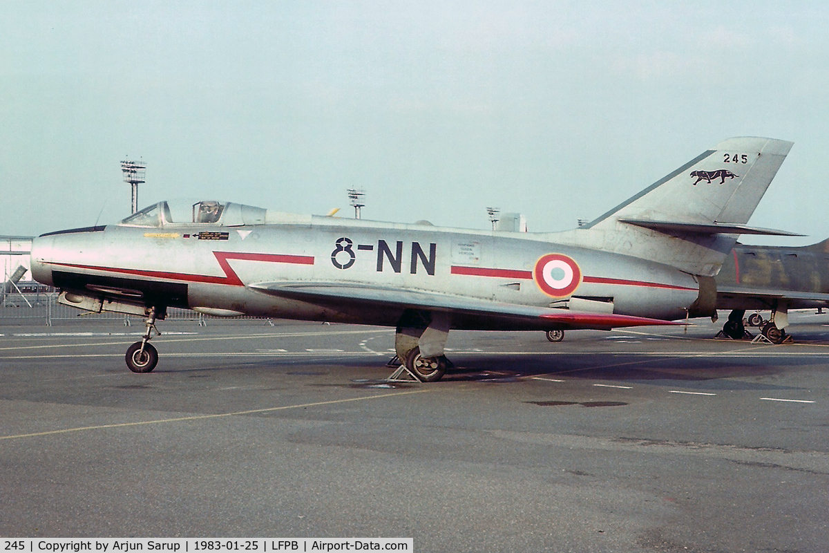245, Dassault Mystere IVA C/N 245, Once a part of E.C. 2 based at Dijon AB, then sold to Israel. Formed part of 109 Sqn. at Ramat David AB. Returned to Armée de l'Air in Feb. 1962 in exchange for an Ouragan.