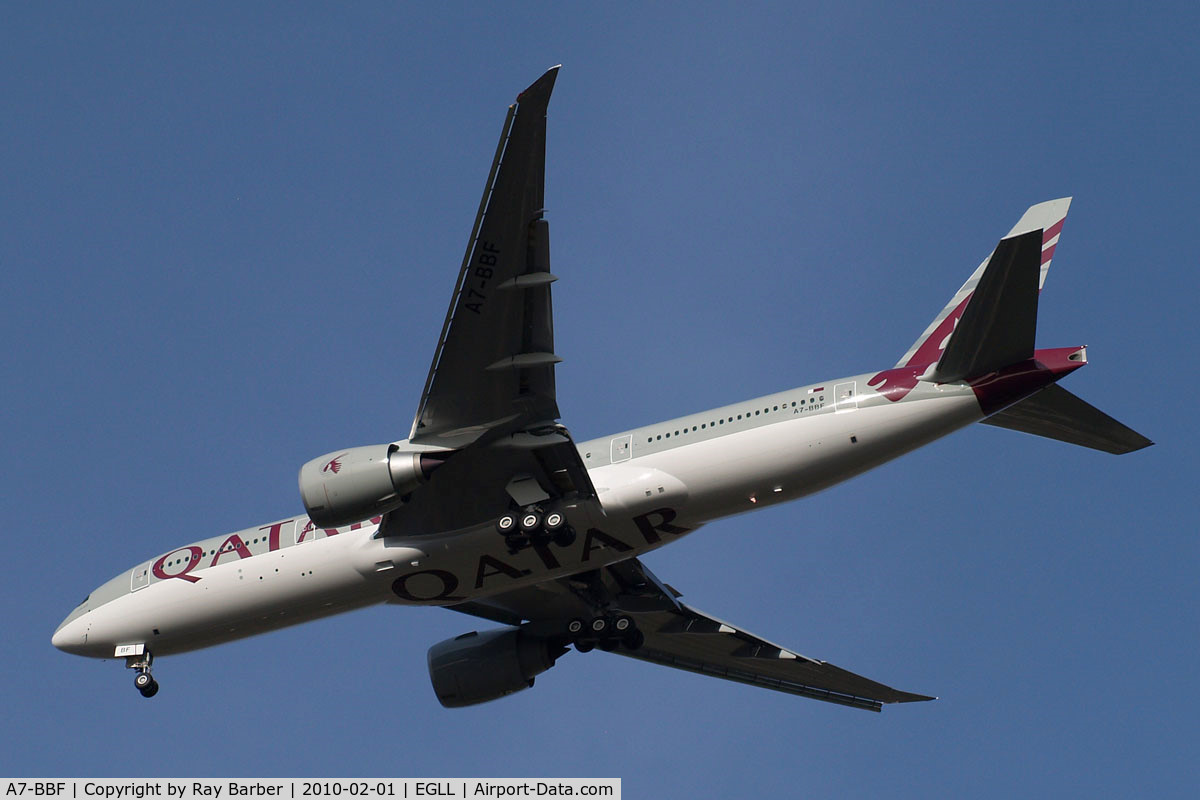 A7-BBF, 2010 Boeing 777-2DZ/LR C/N 36018, Boeing 777-2DZLR [36018] (Qatar Airways) Home~G 01/02/2010. On approach 27R.