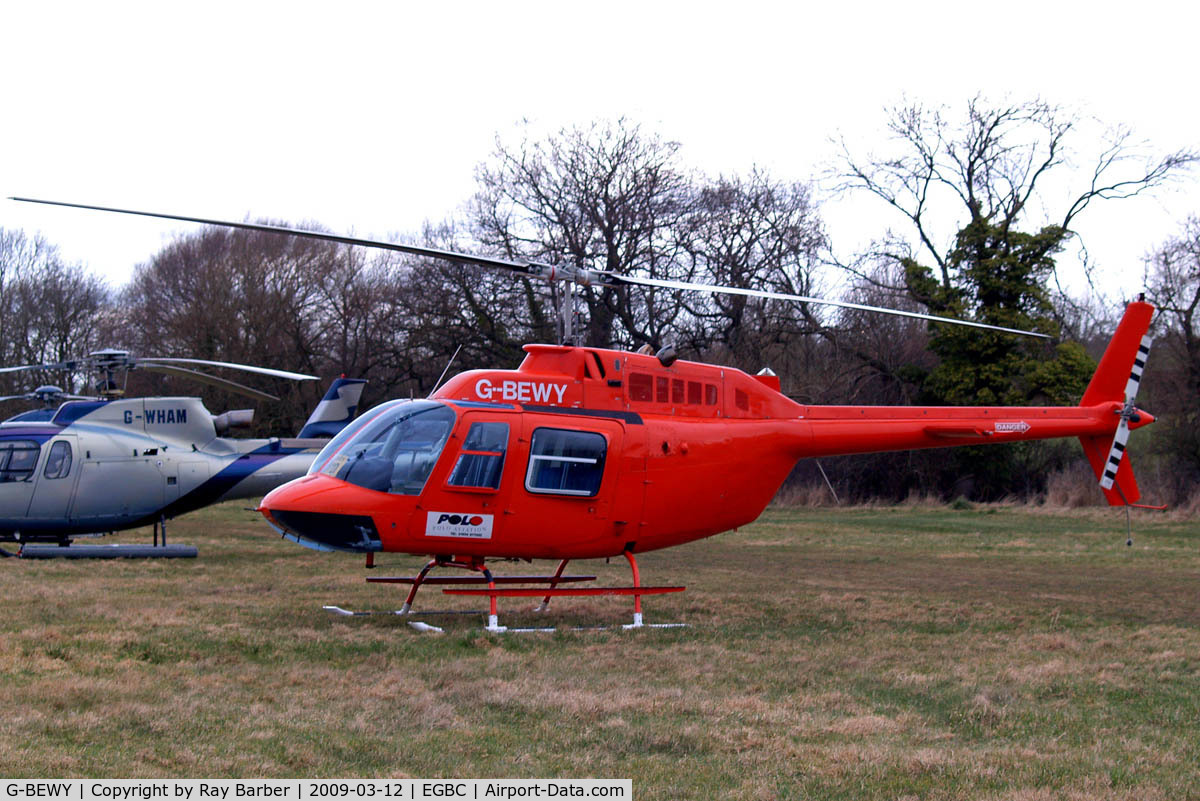 G-BEWY, 1969 Bell 206B JetRanger II C/N 348, Bell 206B  Jet Ranger II [348] Cheltenham Racecourse~G 12/03/2009. Now with white skids.