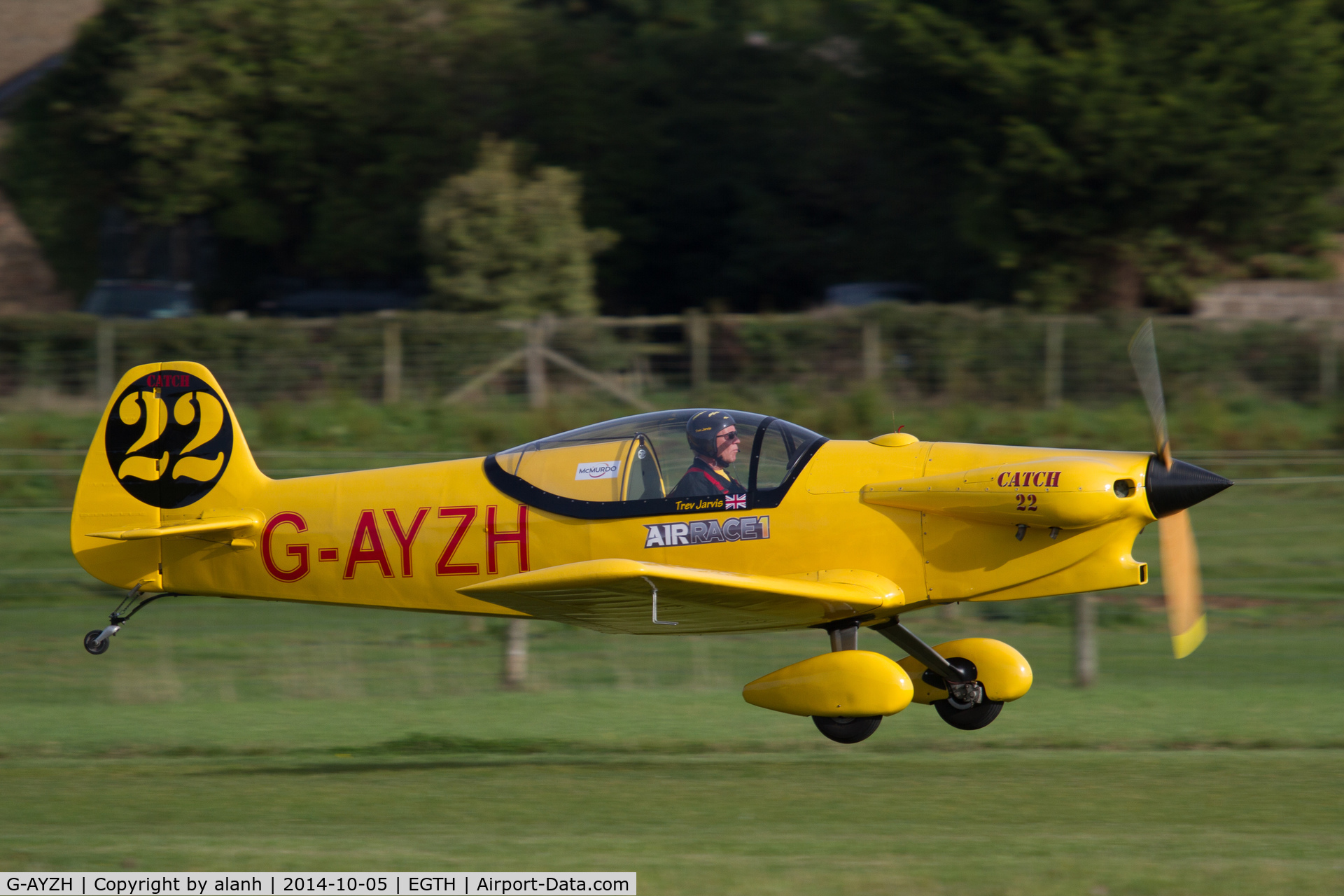 G-AYZH, 2007 Taylor JT-2 Titch C/N PFA 060-1316, Getting airborne at the Shuttleworth Trust's 2014 'Race Day' airshow for an F1 racing demo (with Cosmic Wind G-ARUL)
