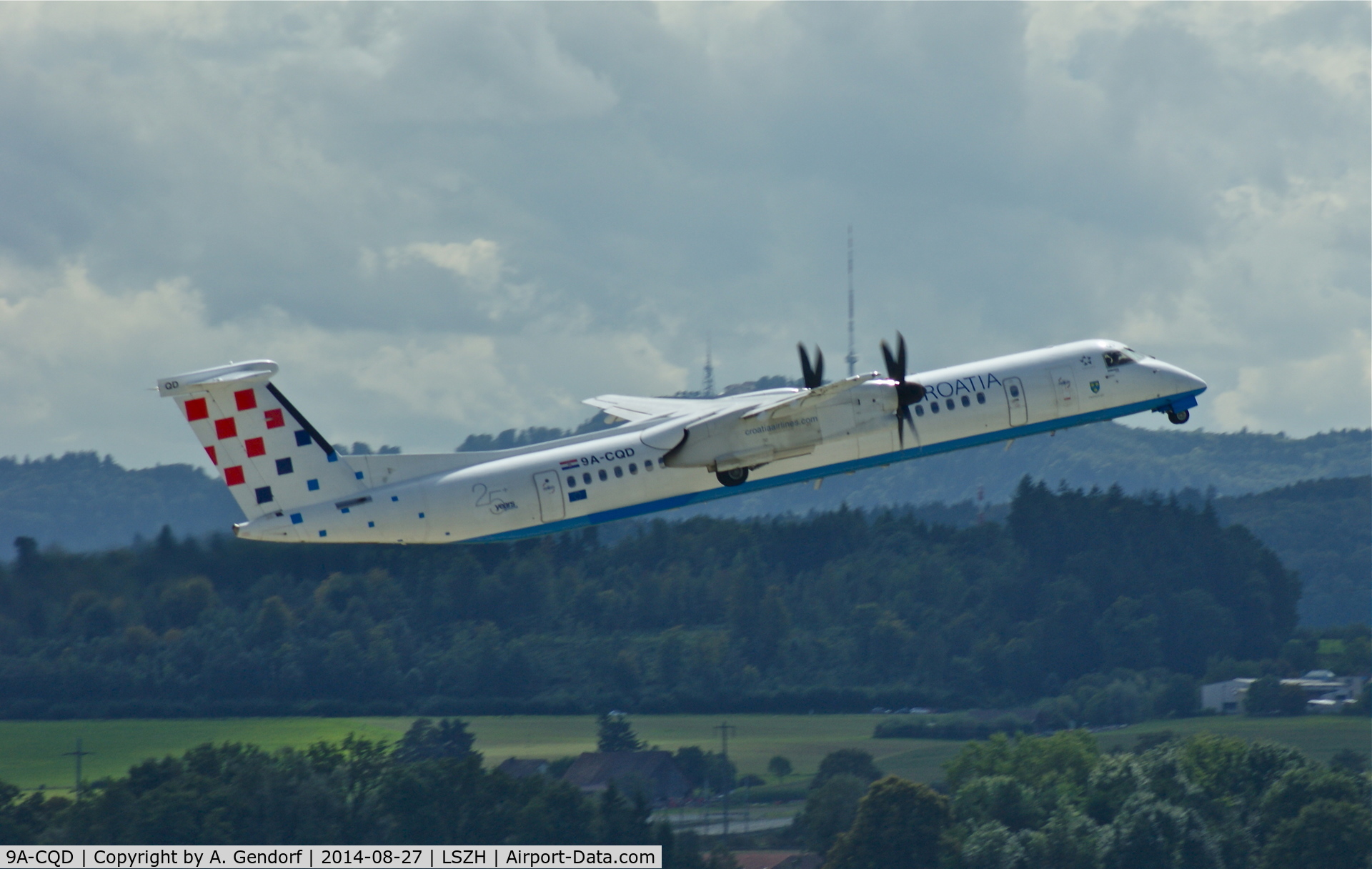 9A-CQD, 2009 De Havilland Canada DHC-8-402Q Dash 8 C/N 4260, Croatia Airlines, is here climbing out Zürich-Kloten(LSZH) in front of the well known landmark 