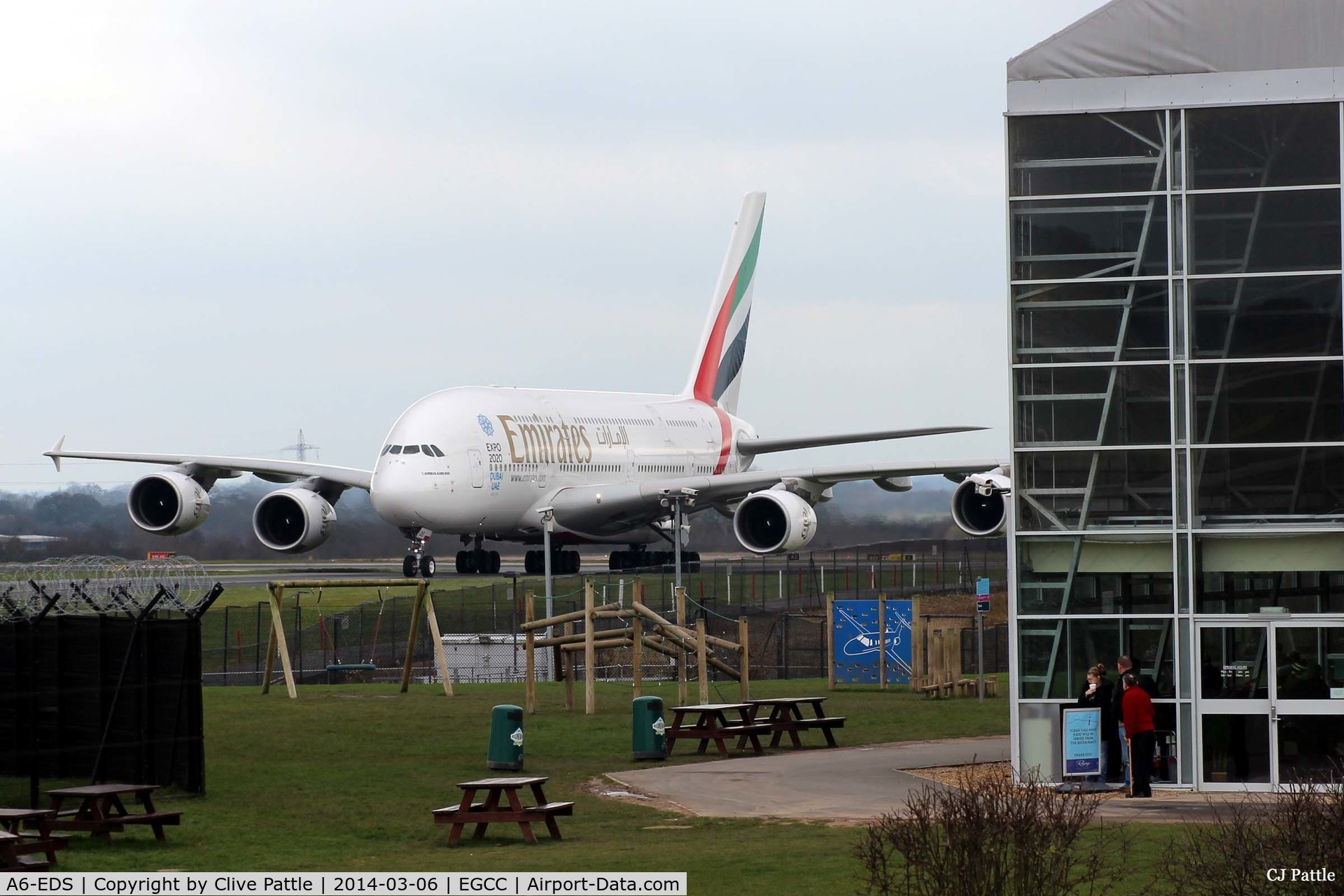 A6-EDS, 2011 Airbus A380-861 C/N 086, Manchester arrival - taxy to the gate past the Restaurant and Concorde Hangar