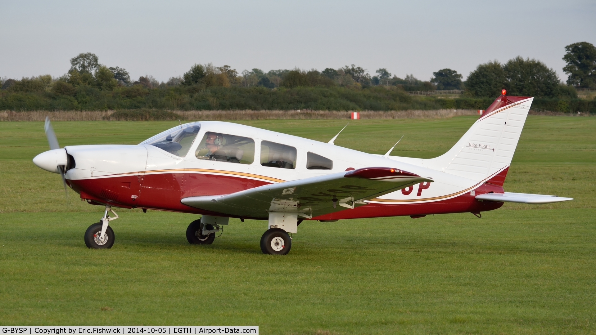 G-BYSP, 1985 Piper PA-28-181 Cherokee Archer II C/N 28-8590047, 1. G-BYSP preparing to depart the rousing season finale Race Day Air Show at Shuttleworth, Oct. 2014