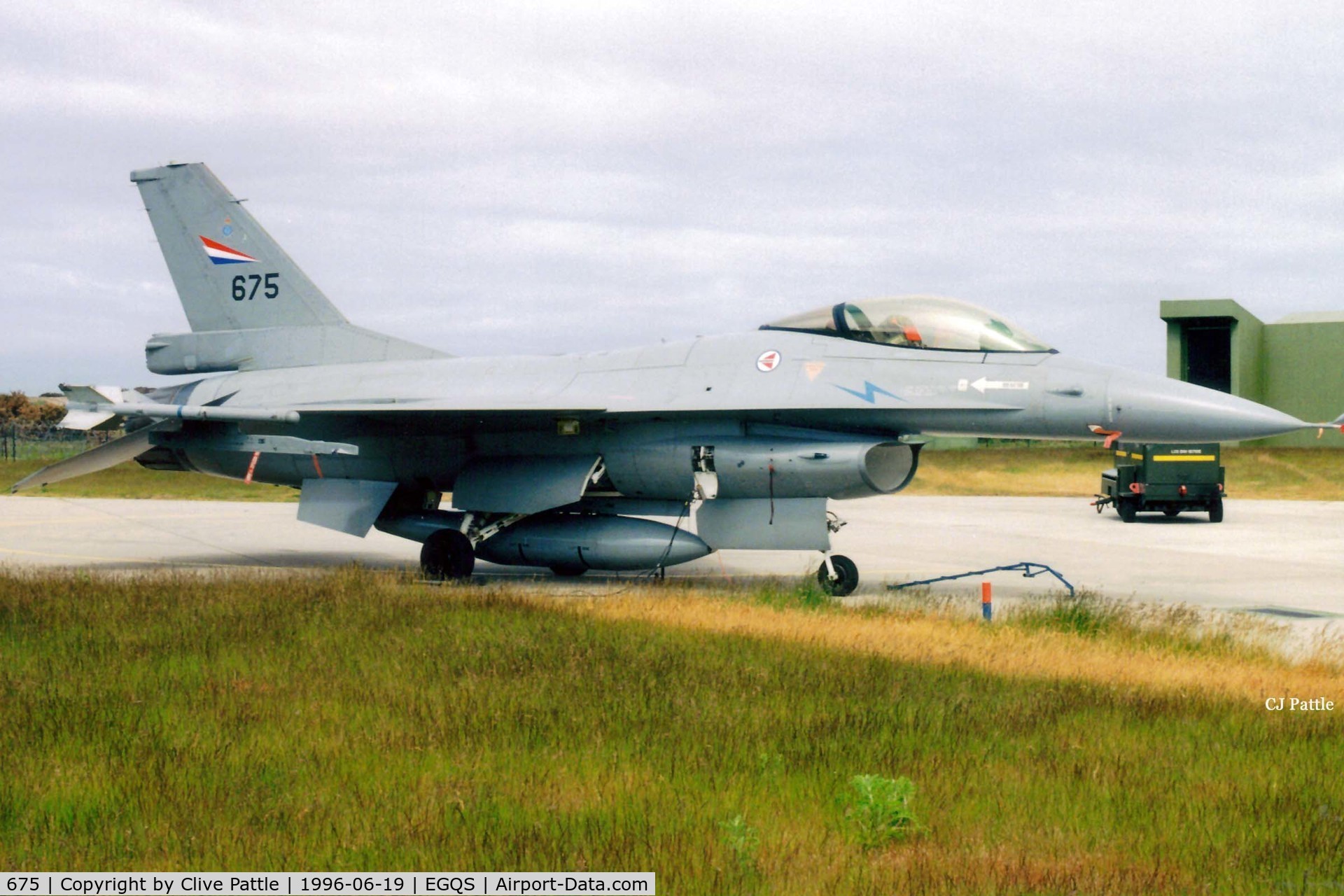 675, 1980 General Dynamics F-16AM Fighting Falcon C/N 6K-47, Scanned from print. RNoAF F-16AM '675' pictured on detachment to RAF Lossiemouth in the summer of '96
