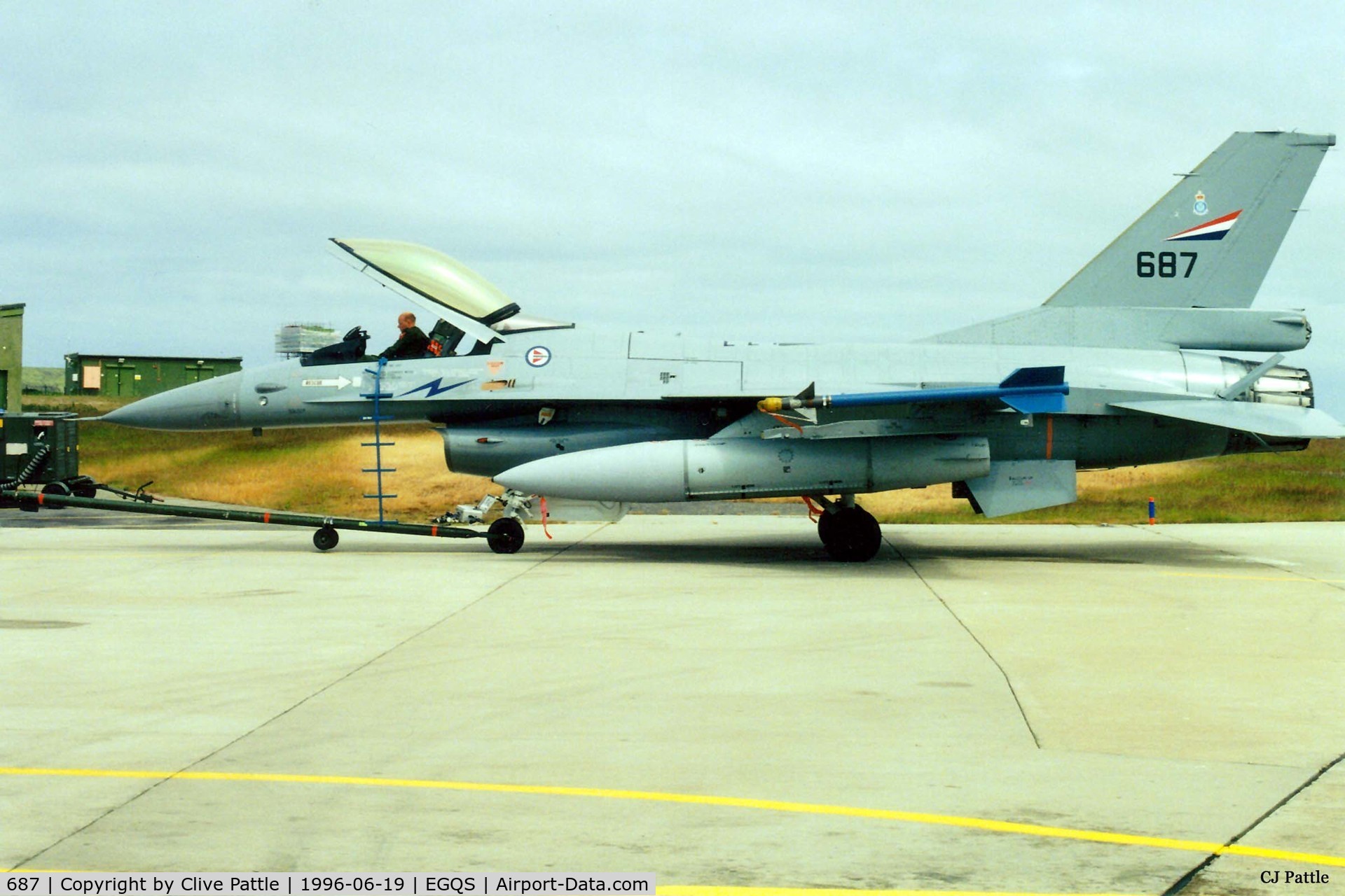 687, 1980 General Dynamics F-16AM Fighting Falcon C/N 6K-59, Scanned from print. RNoAF F-16AM '687' of RNoAF 331 Skv pictured on detachment to RAF Lossiemouth in the summer of '96