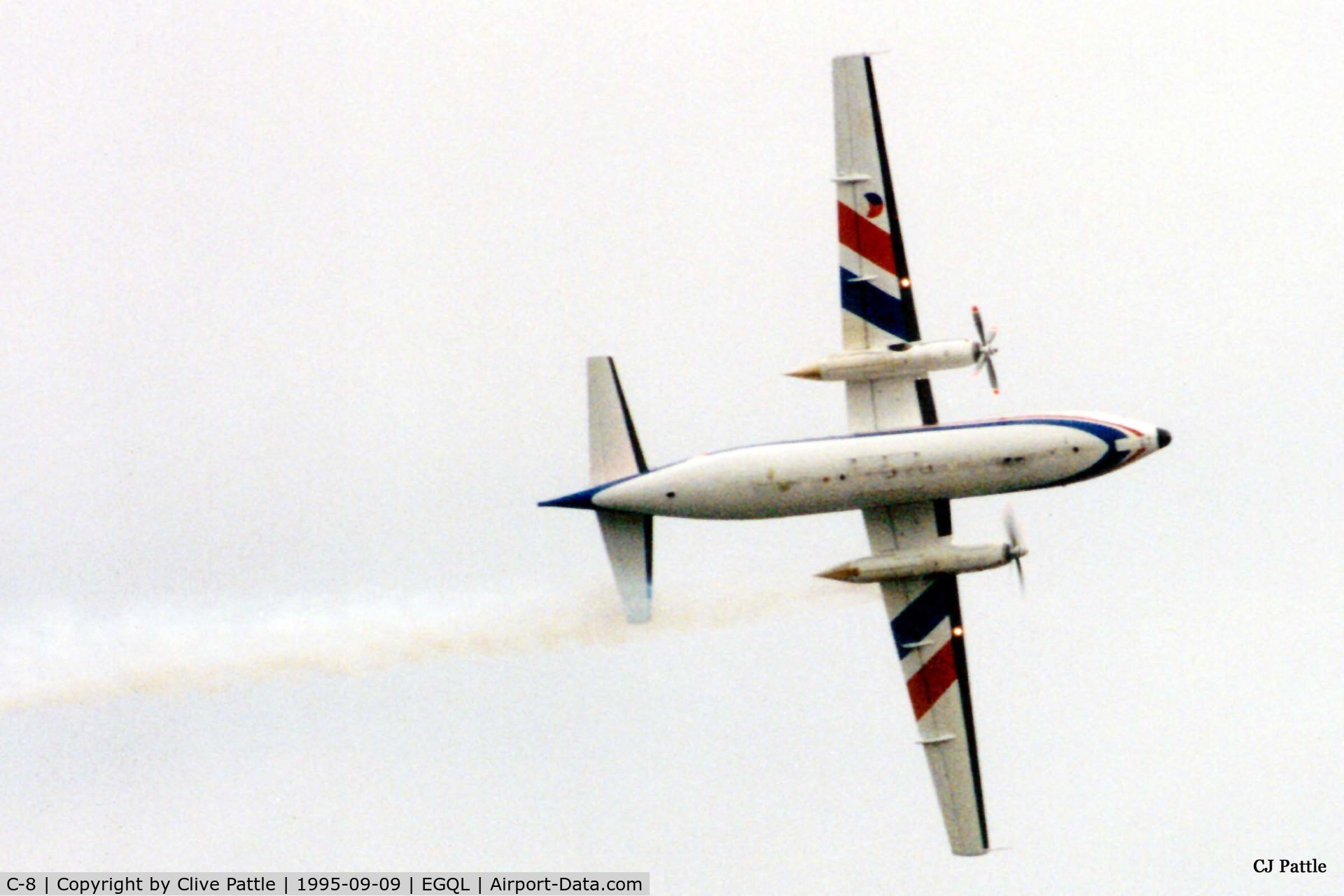 C-8, 1960 Fokker F-27-300M Troopship C/N 10158, Scanned from print (apols for reduced quality). C-8 of 334 Sqn RNeth AF seen displaying at the RAF Leuchars Airshow, September 1995.