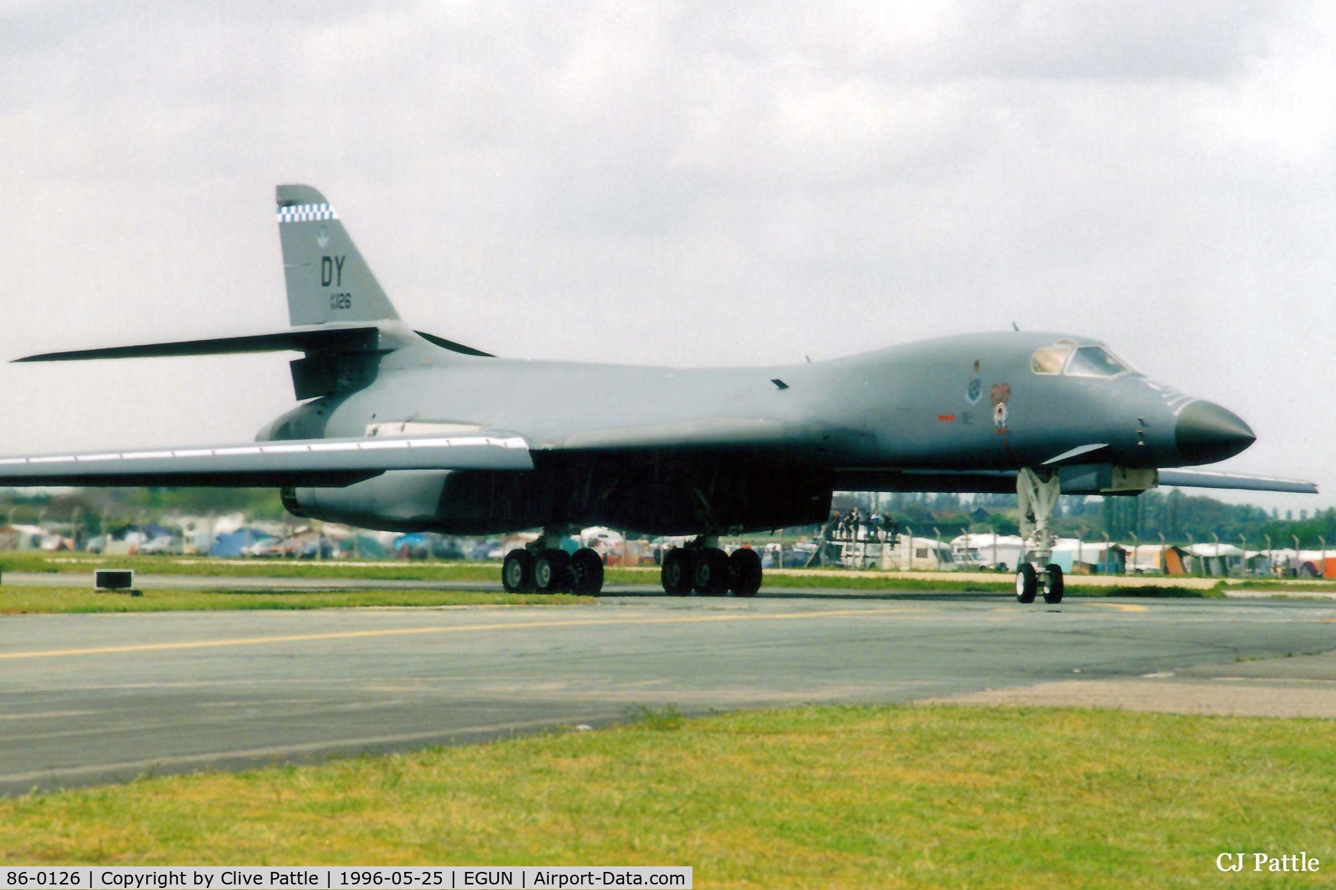 86-0126, 1986 Rockwell B-1B Lancer C/N 86, Scanned from print. Departing to display at the Mildenhall Airshow 1996