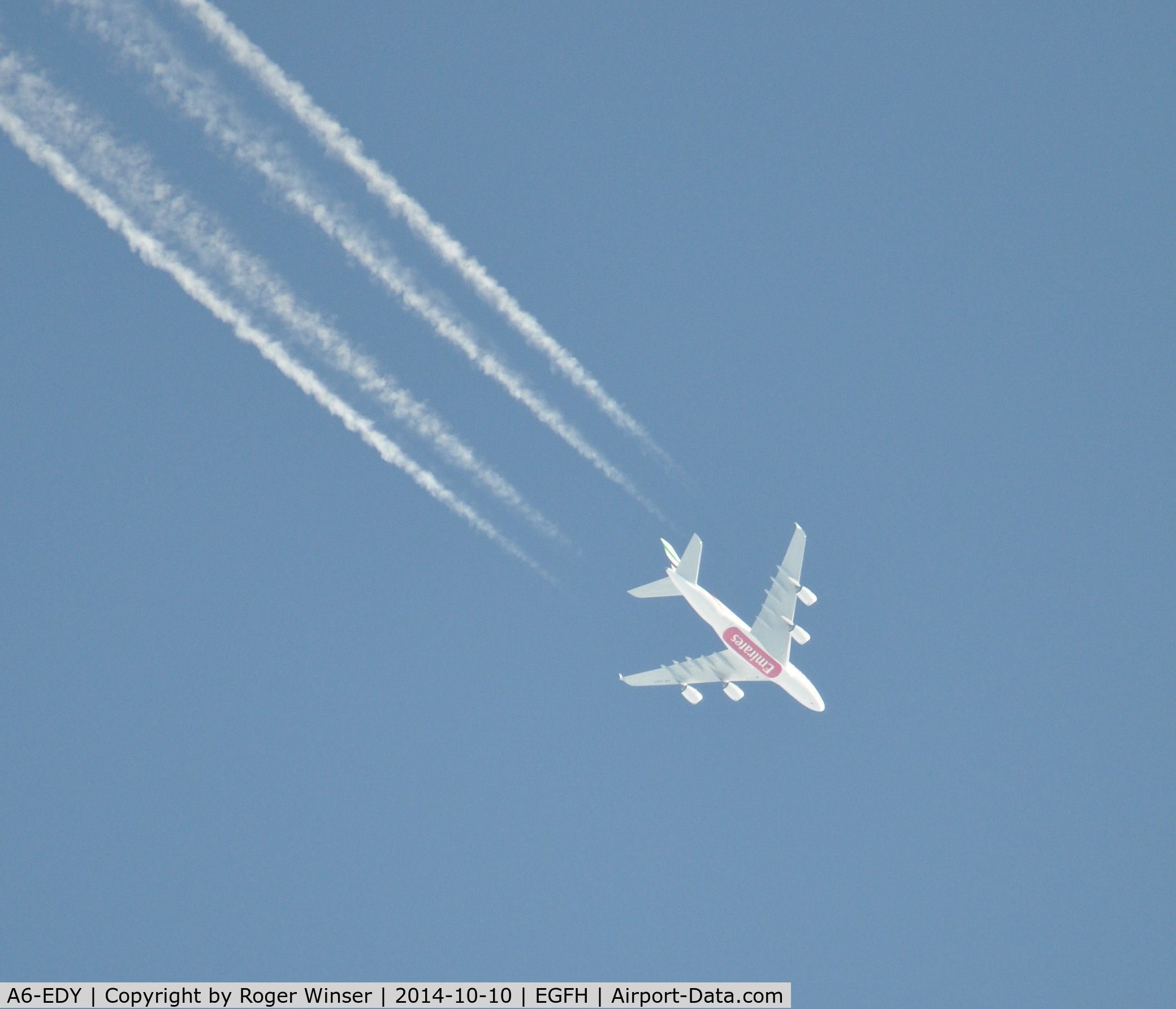A6-EDY, 2012 Airbus A380-861 C/N 106, Emirates A380 aircraft flying east at 37000 feet over the airport.