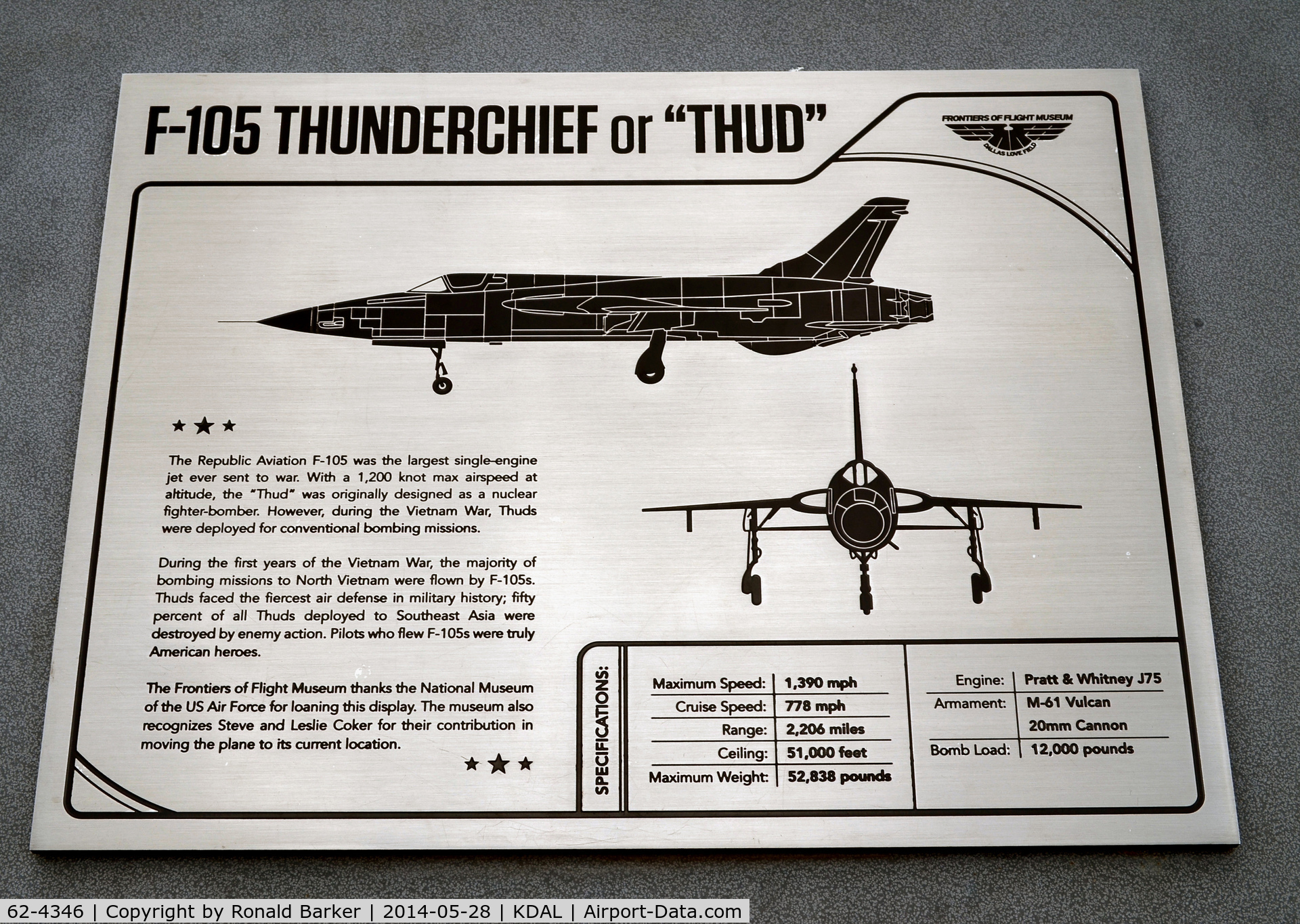 62-4346, 1962 Republic F-105D Thunderchief C/N D525, Frontiers of Flight Museum DAL