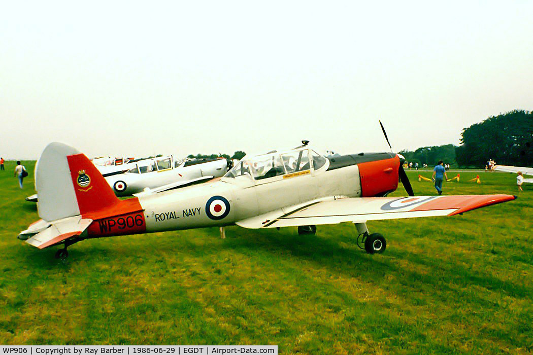 WP906, De Havilland DHC-1 Chipmunk T.10 C/N C1/0779-DHB.f678, De Havilland Canada DHC-1 Chipmunk T.10 [C1/0779] Wroughton~G 29/06/1986. With cockpit closed.