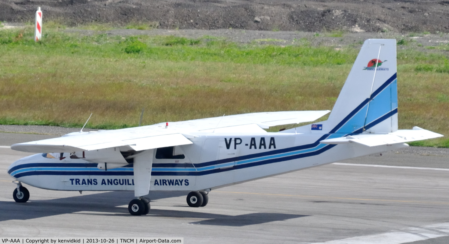 VP-AAA, 1974 Britten-Norman BN-2A-21 Islander C/N 382, Departing St Maarten.