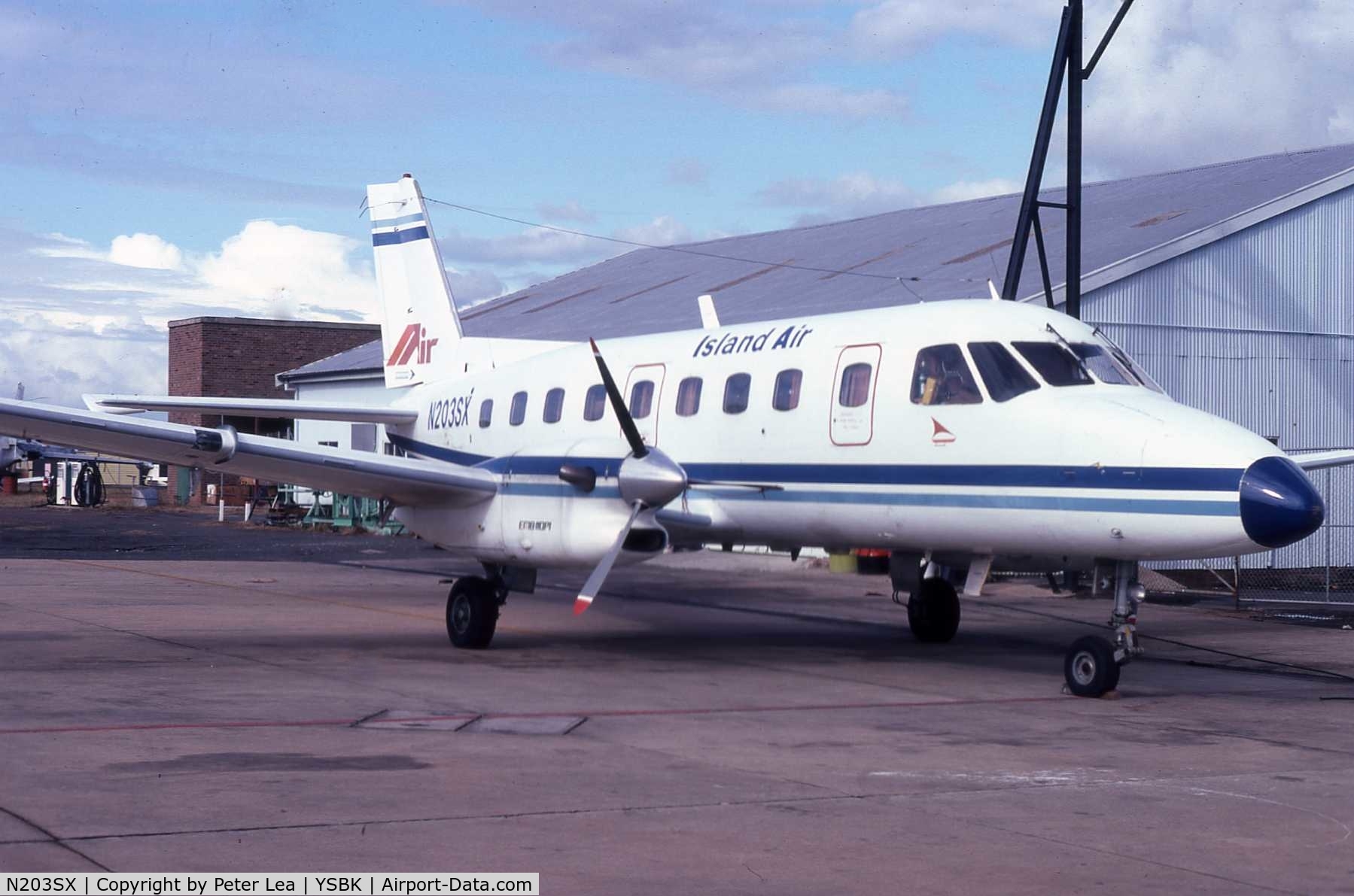 N203SX, 1979 Embraer EMB-110P1 Bandeirante C/N 110236, This aircraft was photographed at Bankstown in 1982 as ex IslandAir N203SX. It took up Australian rego VH-HVS and served with Eastern Australia Airlines