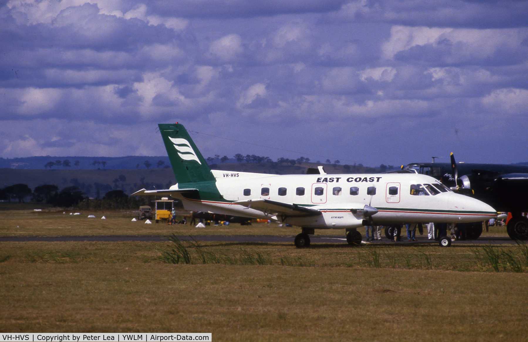 VH-HVS, 1979 Embraer EMB-110P1 Bandeirante C/N 110233, Photographed at Newcastle Airport, NSW in 1984 before company name changed to Eastern  Airlines