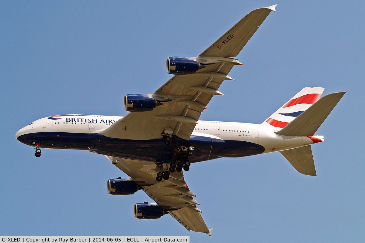 G-XLED, 2013 Airbus A380-841 C/N 144, Airbus A380-841 [144] (British Airways) Home~G 05/06/2014. On approach 27R.