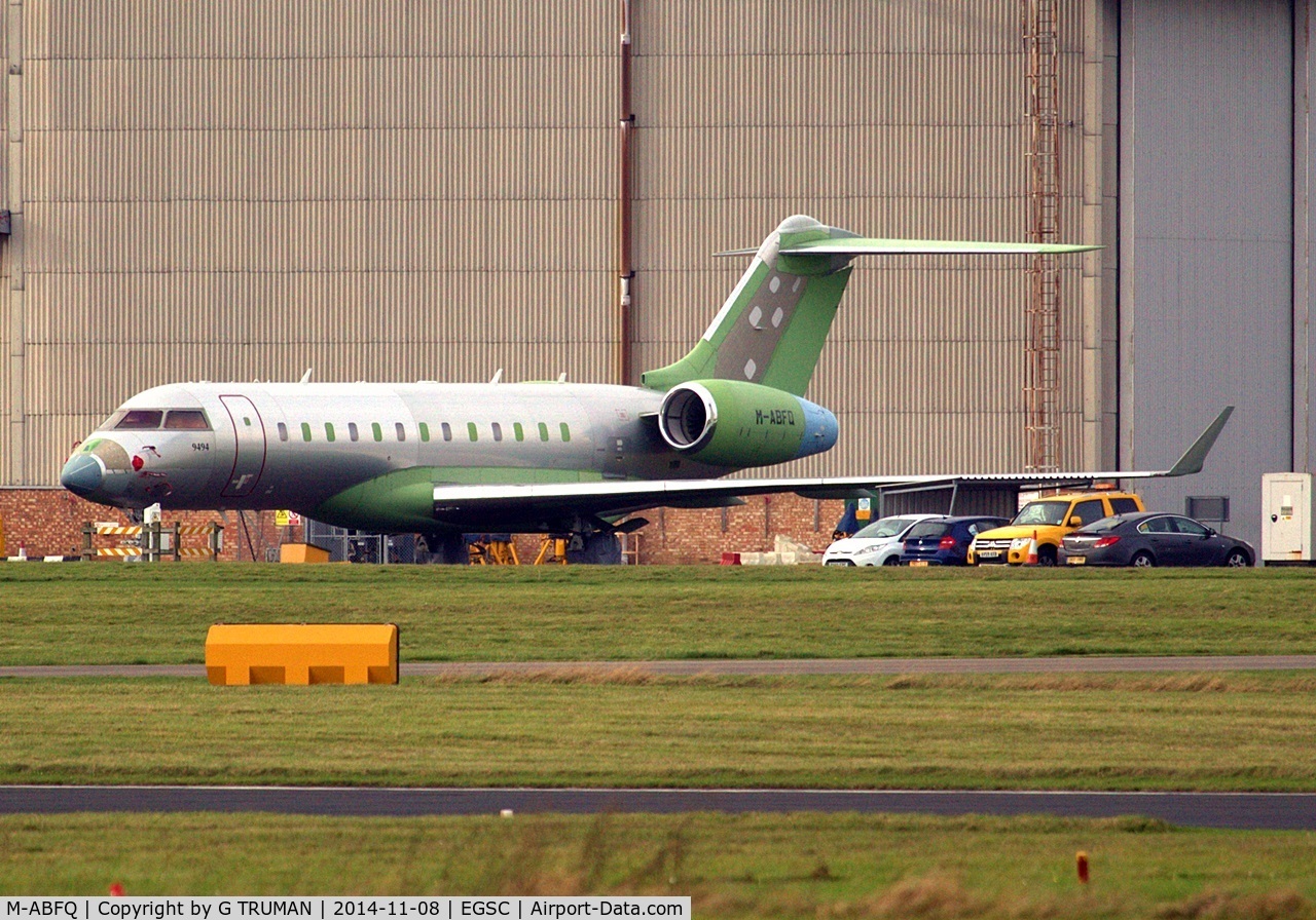 M-ABFQ, 2012 Bombardier BD-700-1A10 Global 6000 C/N 9494, Has been hangared and hidden away at Cambridge for most of the last two years. It has never been painted.