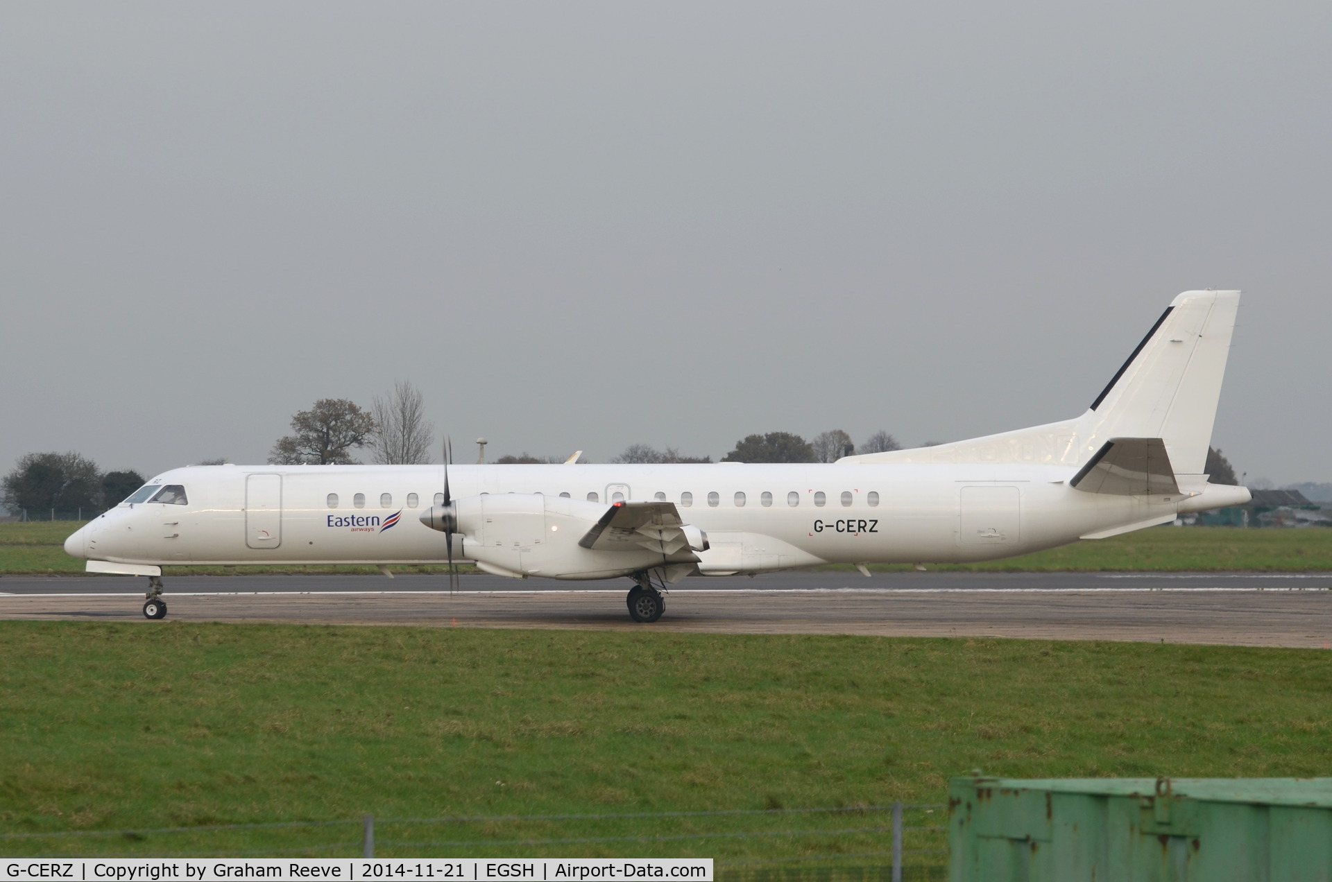 G-CERZ, 1997 Saab 2000 C/N 2000-042, About to depart from Norwich.