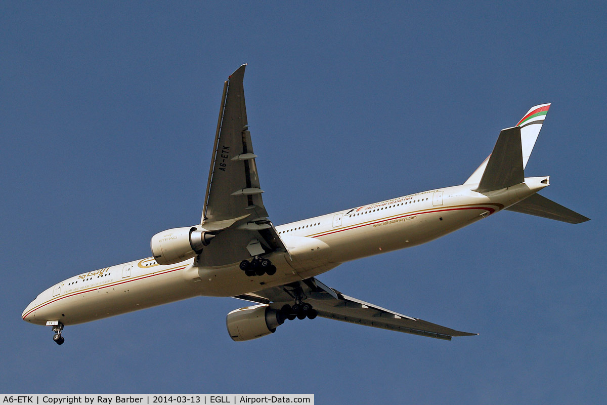 A6-ETK, 2012 Boeing 777-3FX/ER C/N 39686, Boeing 777-3FXER [39686] (Etihad Airways) Home~G 13/03/2014. On approach 27R.