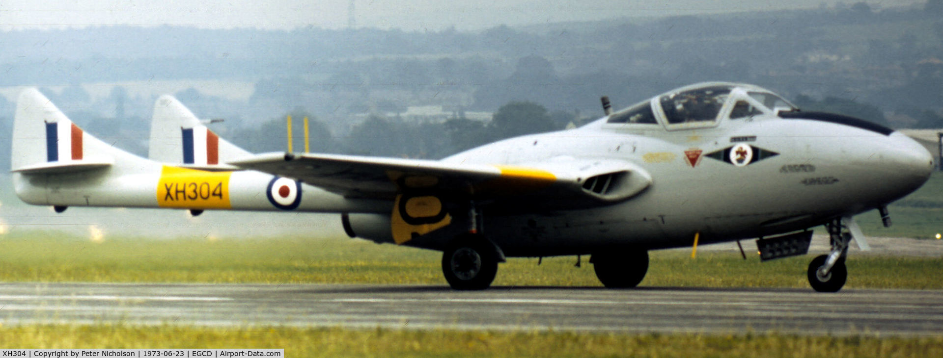 XH304, 1955 De Havilland DH-115 Vampire T.11 C/N 15658, Vampire T.11 of the Central Flying School in action at the 1973 Woodford Airshow.