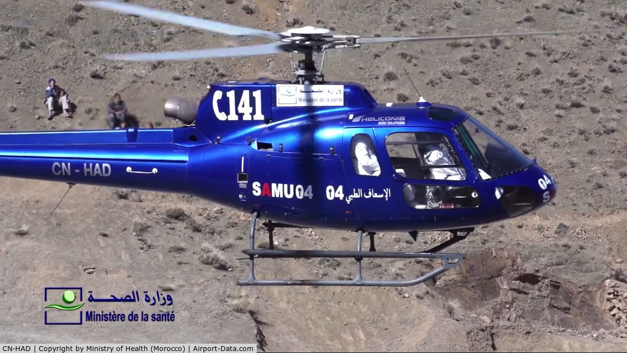 CN-HAD, Eurocopter AS-350B-2 Ecureuil Ecureuil C/N 4416, The helicopter was in emergeny to the transfer a pregnant woman from a mountain village to Marrakech city.