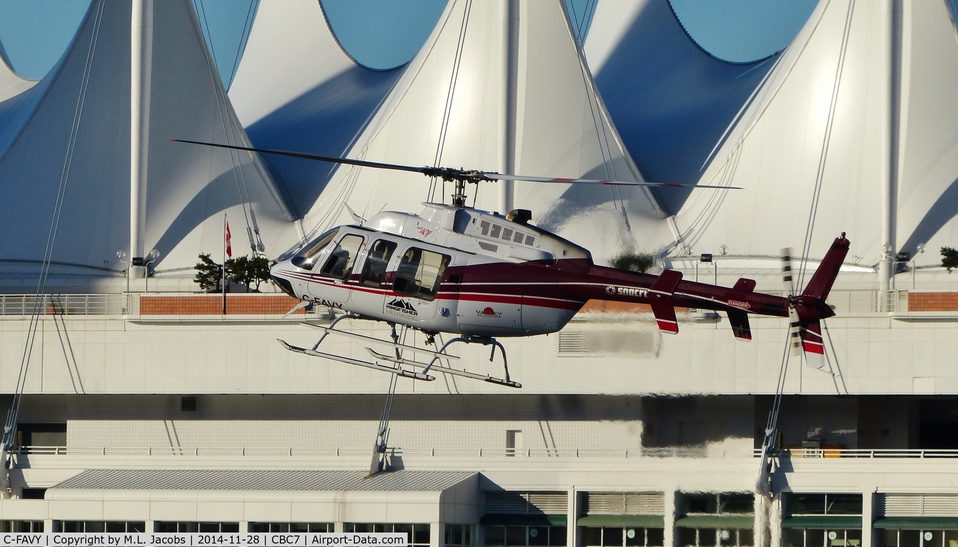 C-FAVY, 1997 Bell 407 C/N 53120, Valley Helicopters Bell 407 just arriving at Vancouver Harbour Heliport.