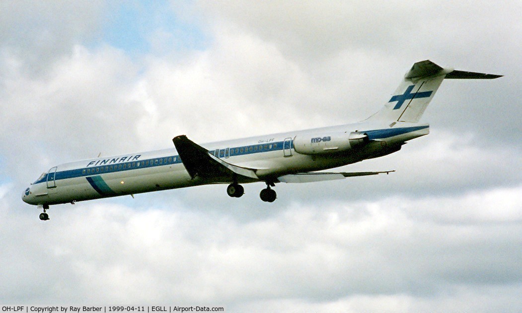 OH-LPF, 1987 McDonnell Douglas MD-83 (DC-9-83) C/N 49574, McDonnell Douglas DC-9-83 [49574] (Finnair) Home~G 11/04/1999. On finals 27L.