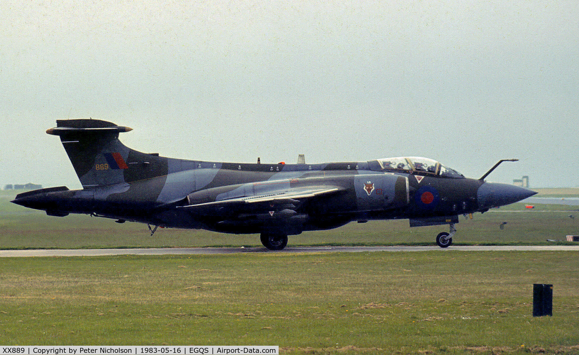 XX889, 1974 Hawker Siddeley Buccaneer S.2B C/N B3-05-73, Buccaneer S.2B of 12 Squadron preparing to join the active runway at RAF Lossiemouth in May 1983.