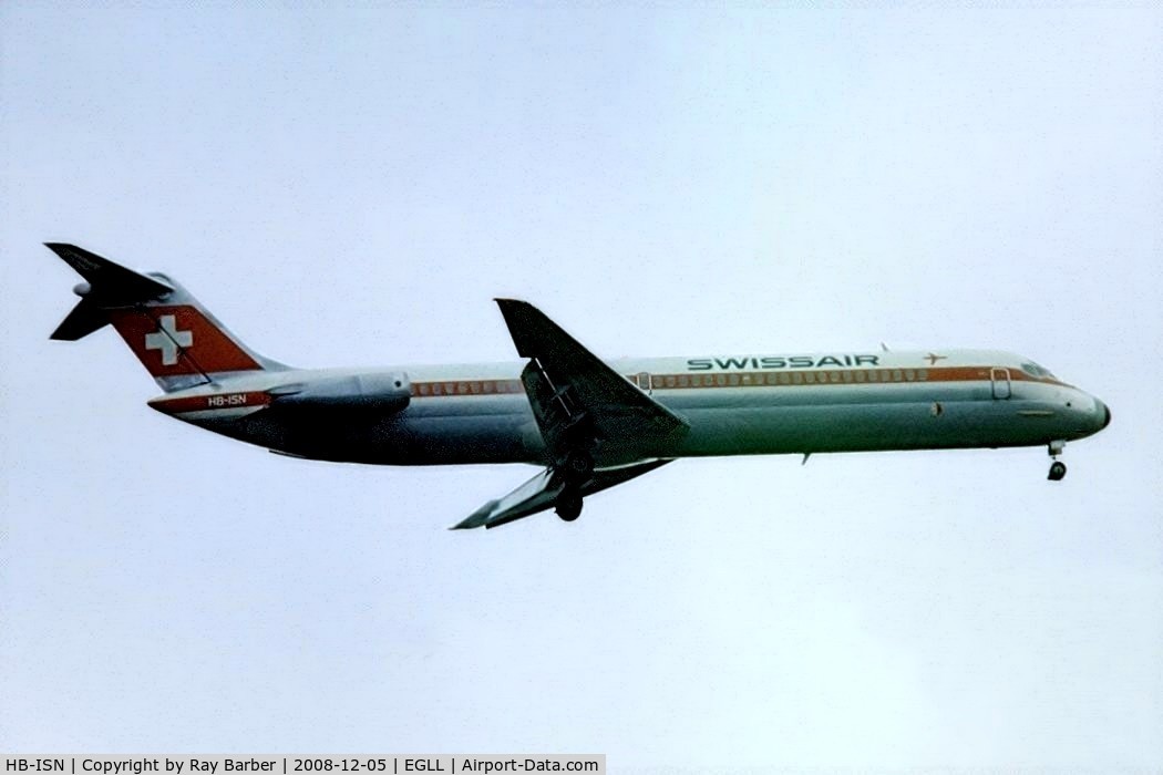 HB-ISN, 1975 Douglas DC-9-51 C/N 47657, HB-ISN   McDonnell Douglas DC-9-51 [47657] (Swissair) Heathrow~G (Date unknown). From a slide.
