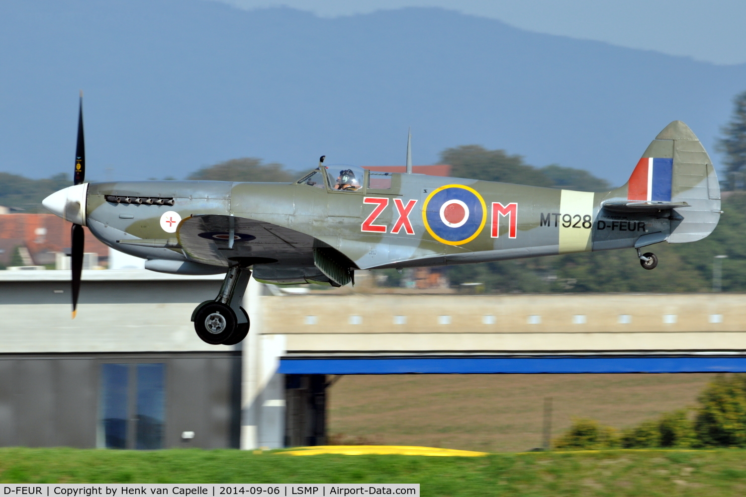 D-FEUR, 1944 Supermarine 359 Spitfire HF.VIIIc C/N 6S/583793, Spitfire Mk.VIII of Max Alpha Aviation GmbH landing at Payerne Air Base, Switzerland, AIR14.