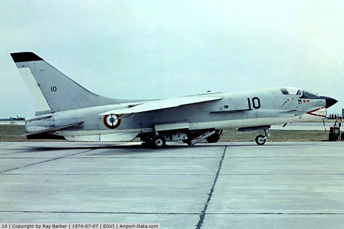 10, Vought F-8E(FN) Crusader C/N 1227, 10   Ling-Temco-Vought F-8P Crusader [1227] (French Navy) RAF Greenham Common~G 07/07/1974. From a slide.