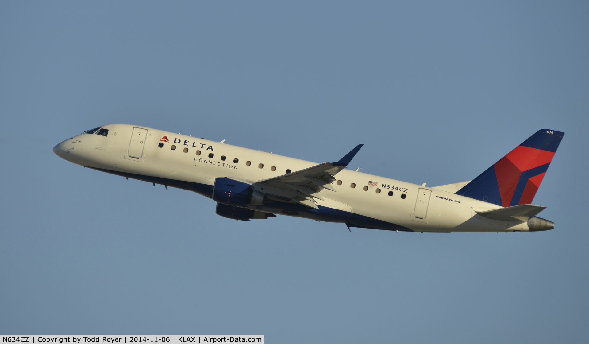 N634CZ, 2008 Embraer 175LR (ERJ-170-200LR) C/N 17000246, Departing LAX on 25R