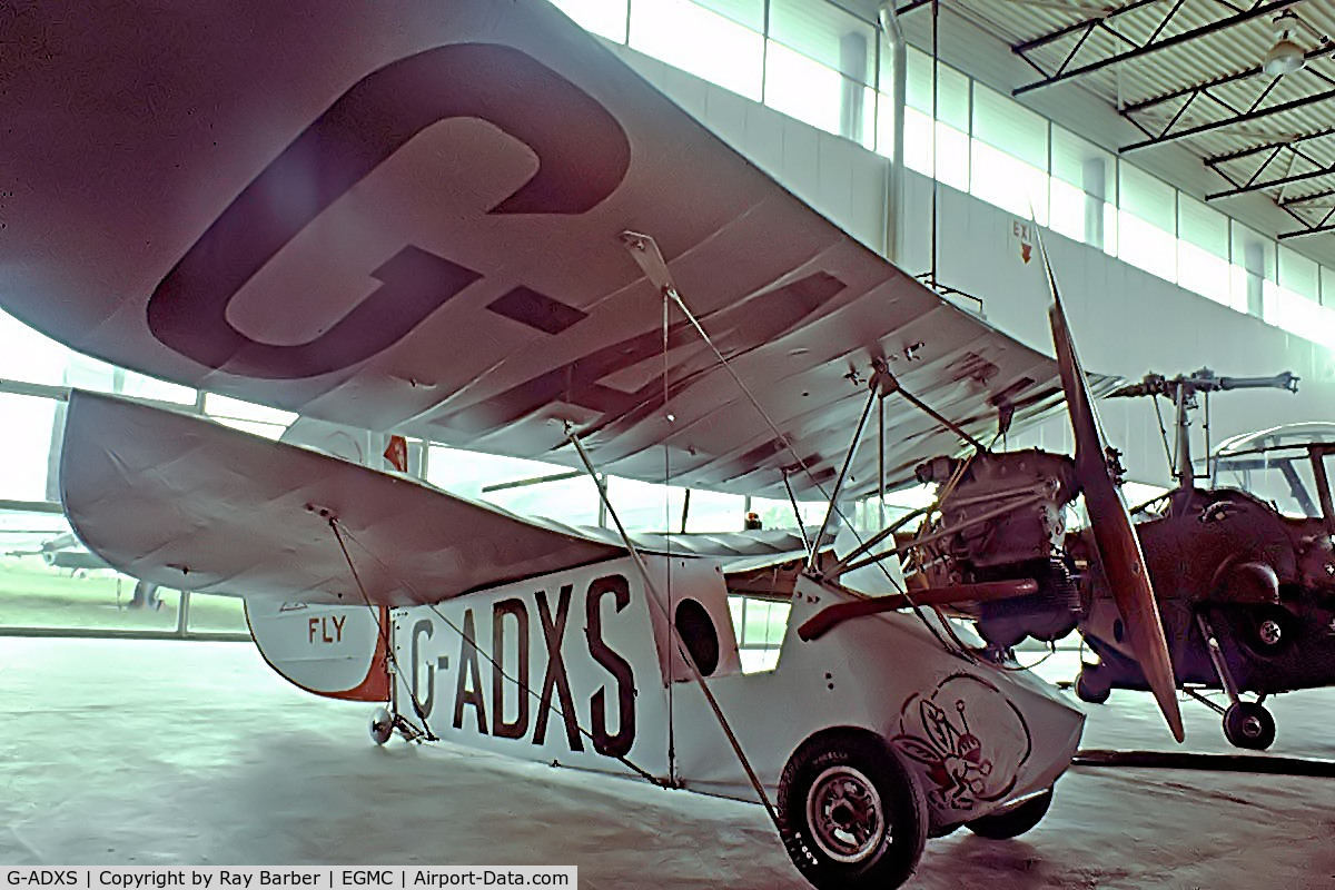 G-ADXS, 1935 Mignet HM.14 Pou-du-Ciel C/N CLS1, Mignet HM.14 Pou-du-Ciel [CLS.1] (Historic Aircraft Museum) Southend~G 03/07/1974. From a slide.