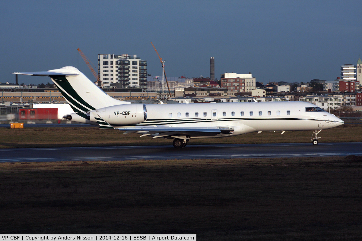 VP-CBF, 2013 Bombardier Global 5000 (BD-700-1A11) C/N 9584, Landing rollout. Arriving from Moscow-Vnukovo.
