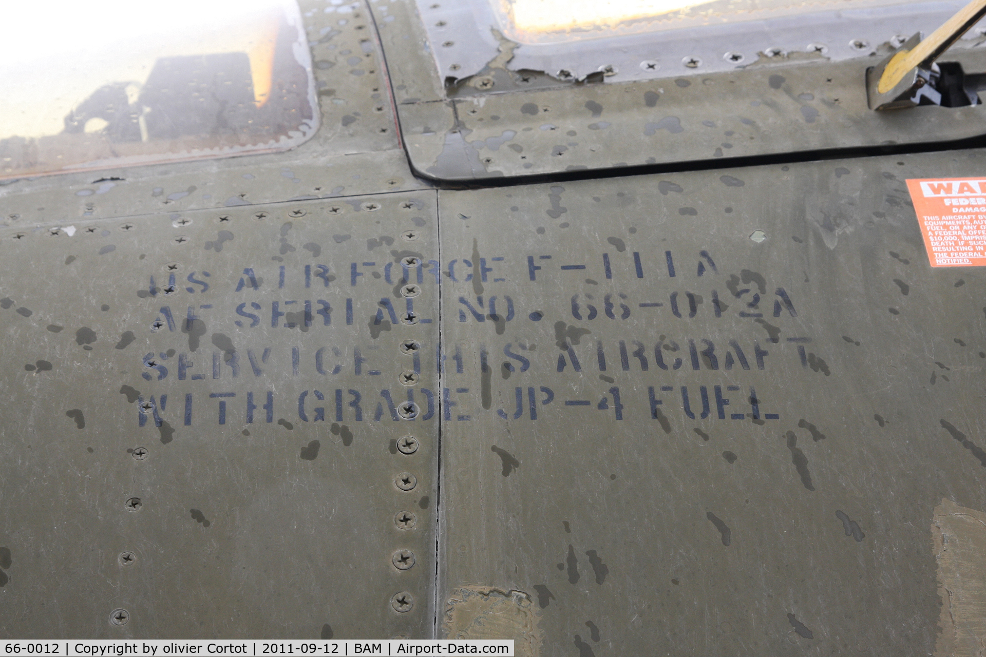 66-0012, 1967 General Dynamics F-111A C/N A1-30, data markings