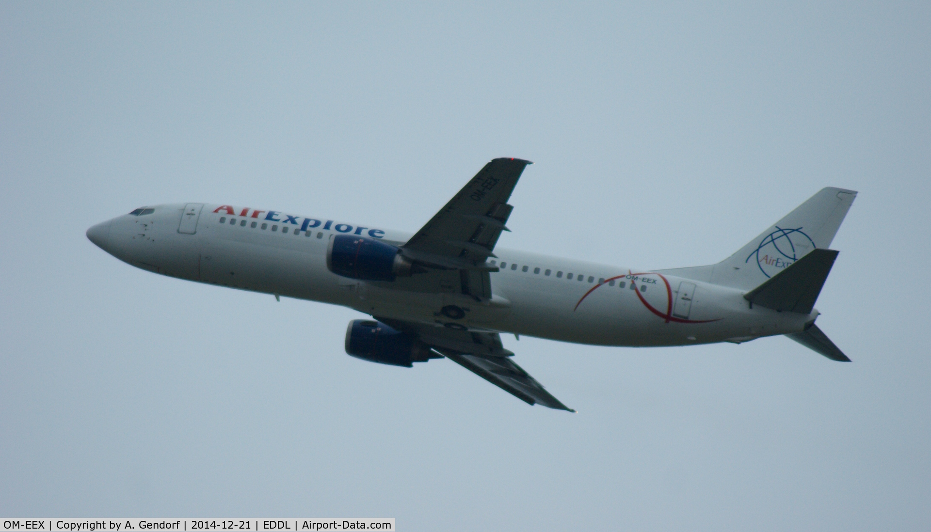OM-EEX, 1994 Boeing 737-4Q8 C/N 26302, Air Explore, is here departing at Düsseldorf Int'l(EDDL)