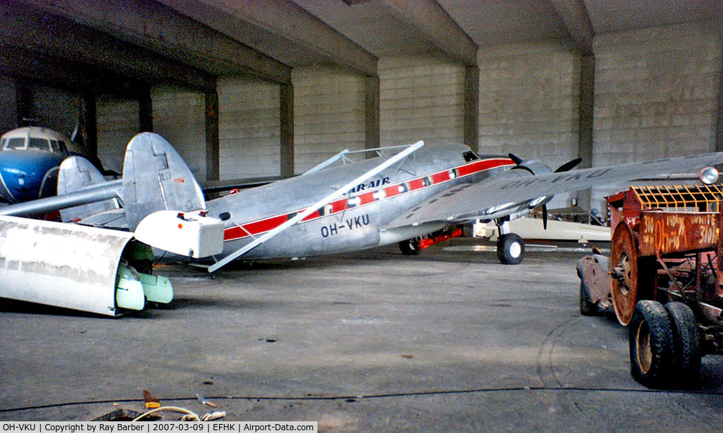 OH-VKU, 1940 Lockheed 18-56 Lodestar C/N 2006, OH-VKU   Lockheed 18-56 Lodestar [18-2006] (Kar-Air) Helsinki-Vantaa~OH 13/06/1988. Seen stored here in hangar prior to being put into the museum.. From a slide.