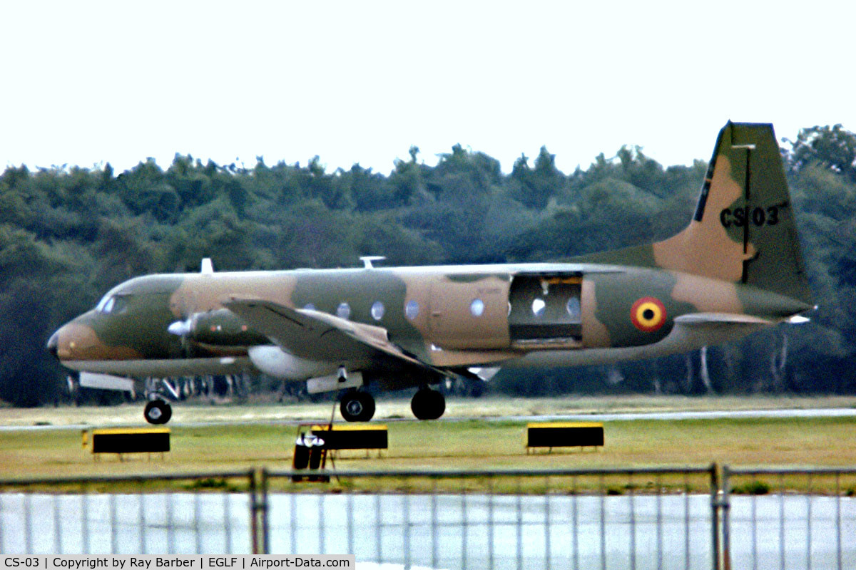 CS-03, 1976 Hawker Siddeley HS.748 Series 2A C/N 1743, Avro 748 2A/288 LFD [1743] (Belgian Air Force) Farnborough~G 11/09/1976. From a slide.