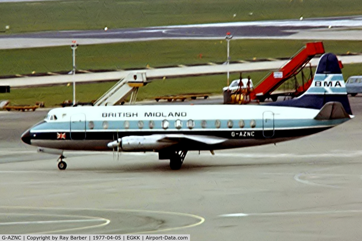 G-AZNC, 1959 Vickers Viscount 813 C/N 352, Vickers 813 Viscount [352] (British Midland Airways) Gatwick~G 05/04/1977. From a slide.