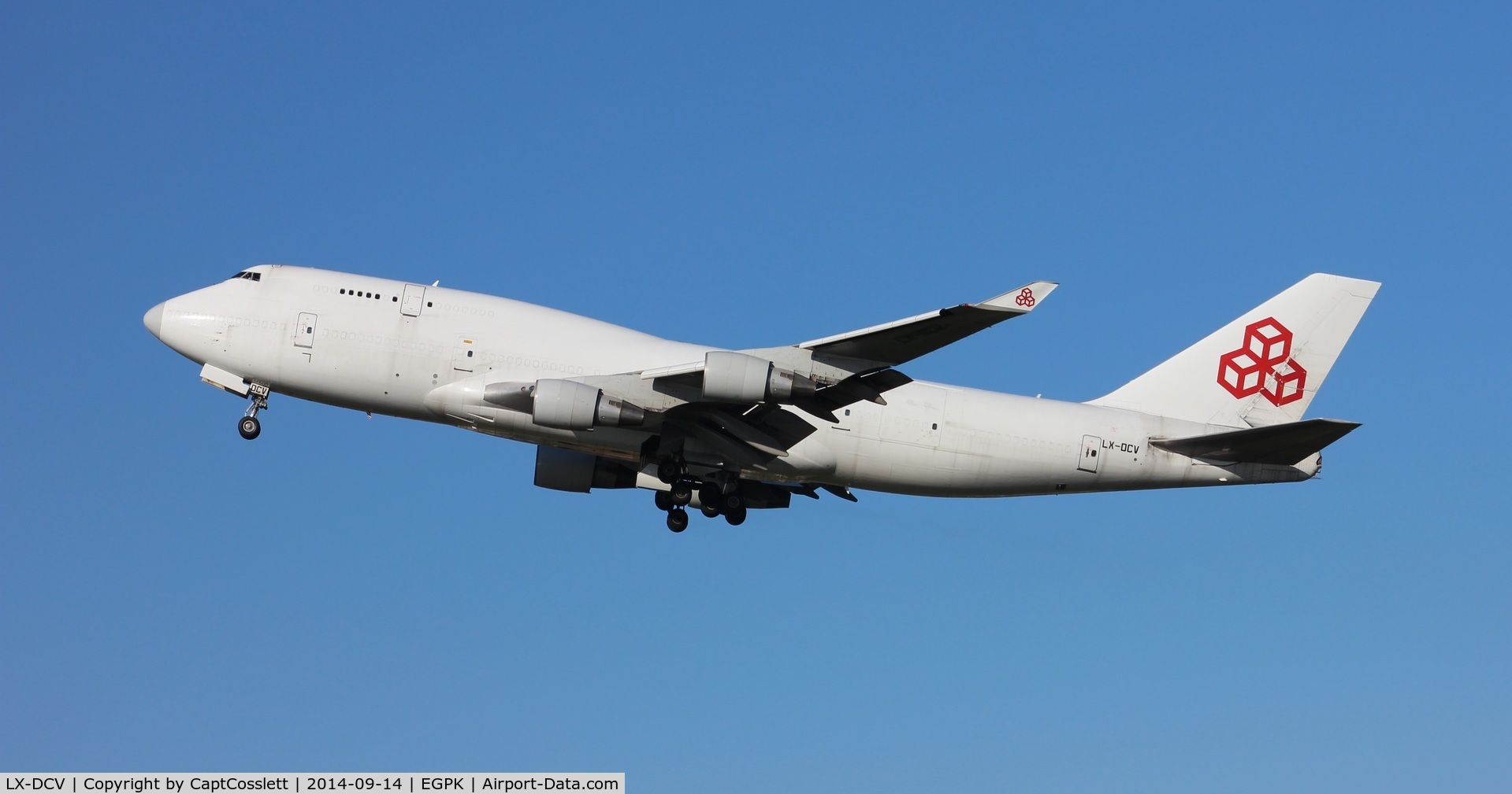 LX-DCV, 1990 Boeing 747-4B5F/SCD C/N 24619, Gear up! Taken at Prestwick September 2014. Ex - HL7480 of Korean Air