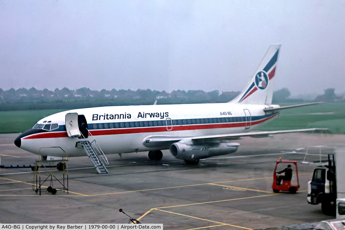 A4O-BG, 1977 Boeing 737-2P6 C/N 21359, Boeing 737-2P6 [21359] (Britannia Airways) (Place unknown) 1979. From a slide.