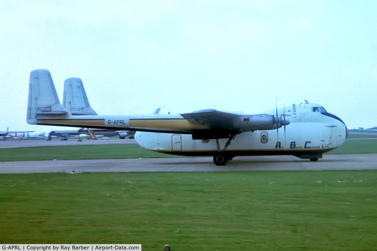 G-APRL, 1959 Armstrong Whitworth AW650 Argosy 101 C/N 6652, Armstrong Whitworth AW.650 Argosy 101 [6652] (Air Bridge Carriers Ltd) (Place and date unknown). From a slide.