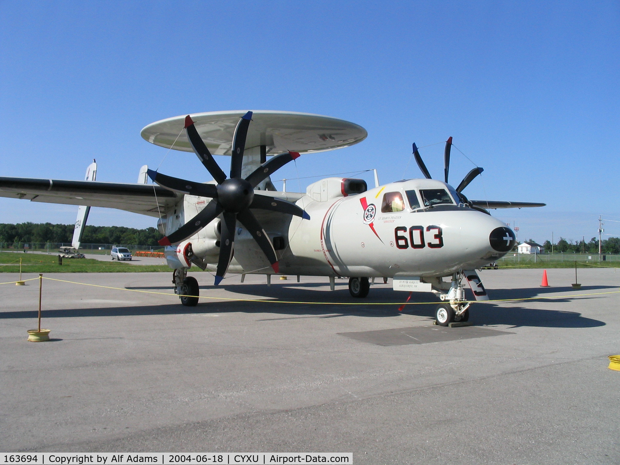 163694, Grumman E-2C Hawkeye 2000 C/N A134, Displayed at the airshow at London, Ontario, Canada in 2004.