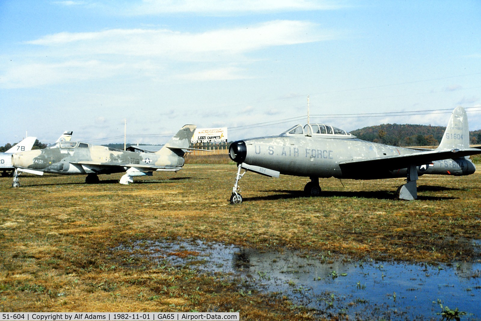 51-604, 1951 Republic F-84E Thunderjet C/N Not found 51-604, Shown displayed at Mercer Field, Calhoun, Georgia in 1982.